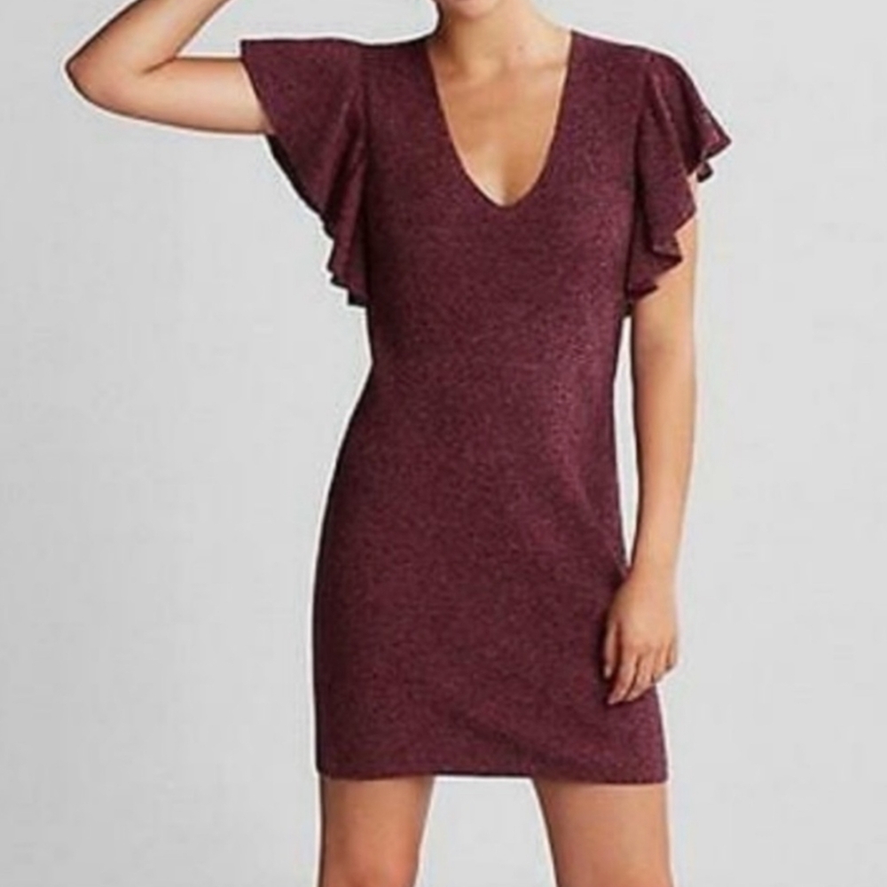 Express Flutter Sleeve Knit Mini Dress in Merlot, Size Small